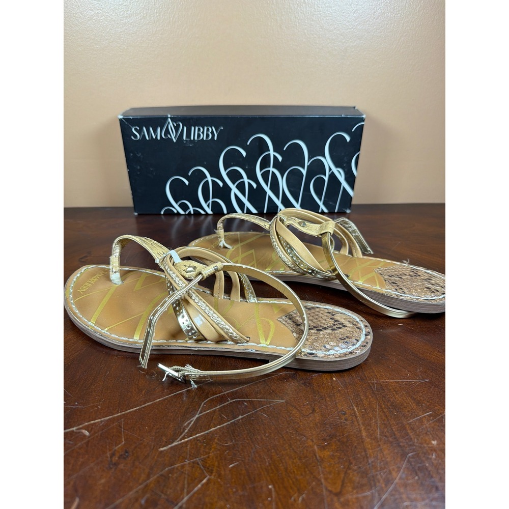 Sam & Libby Womens Gold Metallic Cork Snakeskin Strappy Thong Sandals Size 9